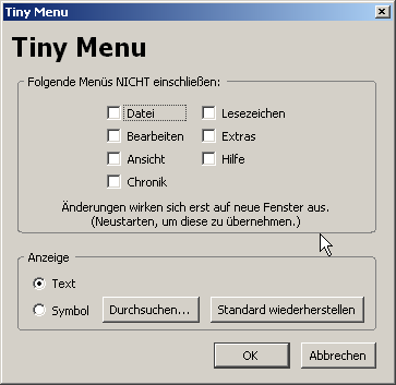 Einstellungen für Tiny Menu