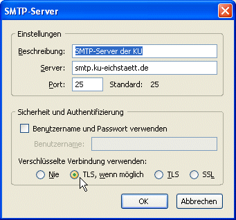 Passende Einstellungen für SMTP-Server